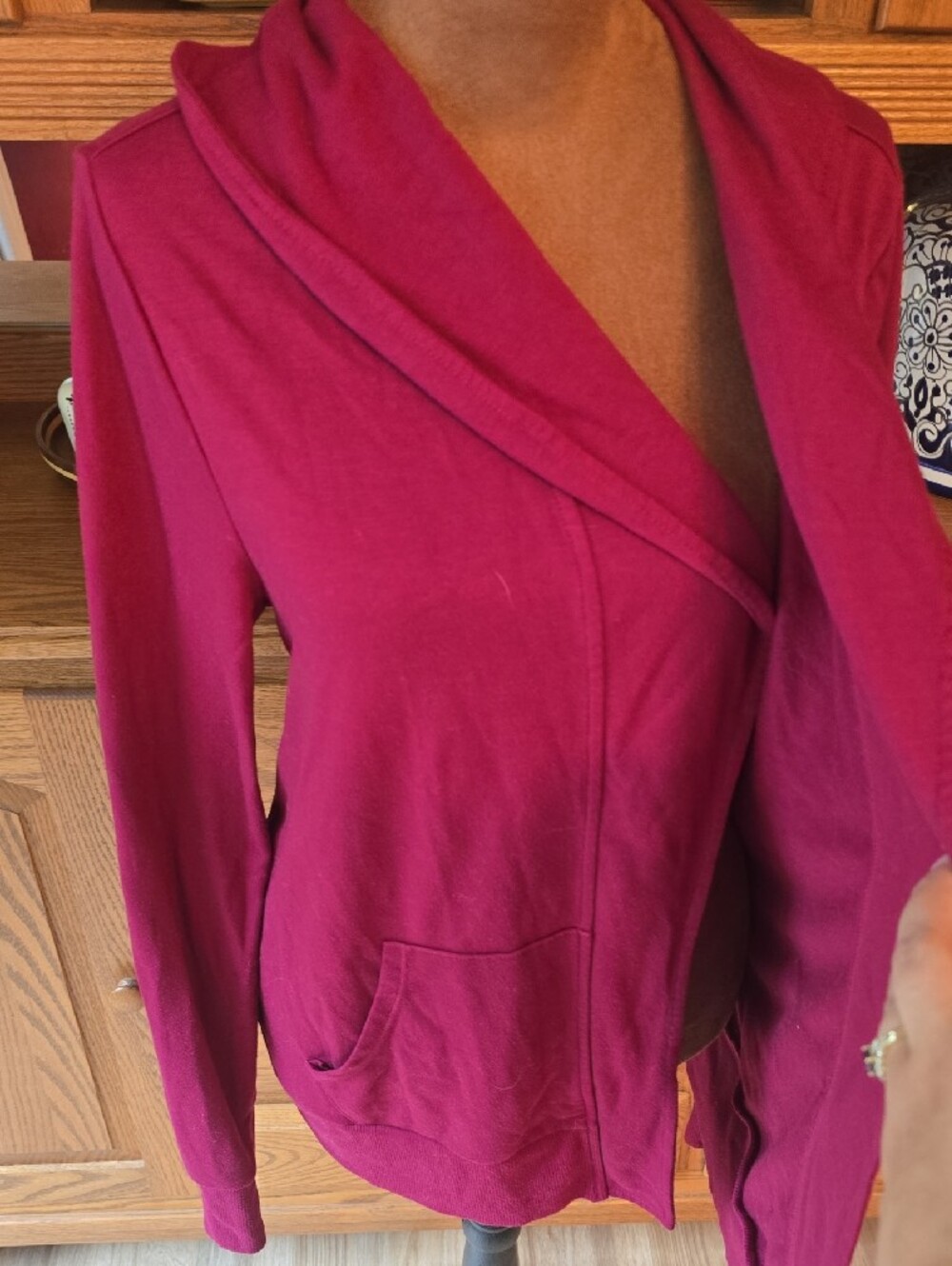 Draped Open-Front Cardigan Sweater in Raspberry - Picture 4 of 4